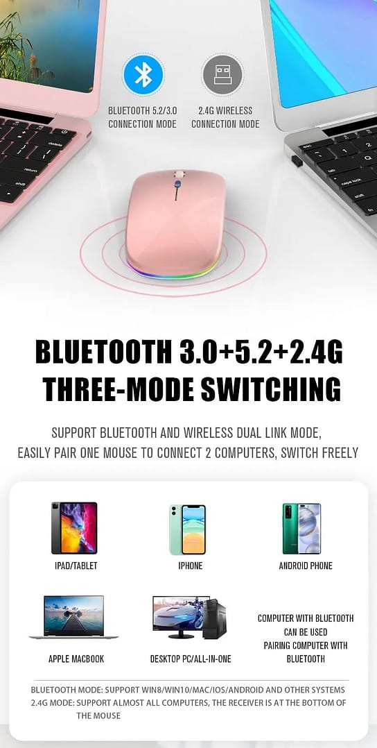3- Tablet Phone Computer Bluetooth Wireless Mouse Charging Luminous 2.4G USB Wireless Mouse Portable Mouse - Image 2